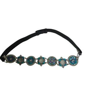 Chico's Vintage Black Leather Enamel Medalian Link Belt Size 30-34